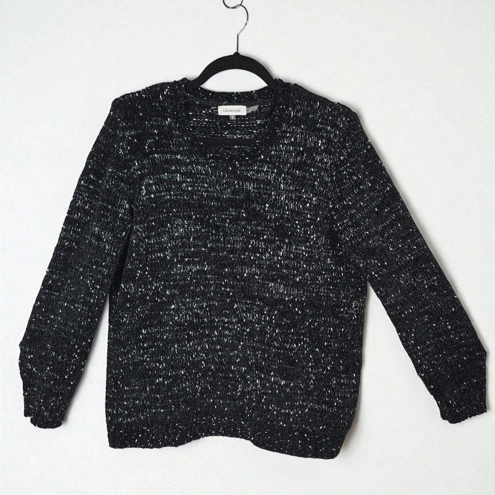 Calvin Klein Sweater Woman Medium Black Silver Sparkle‎ Knit Pullover Super Soft